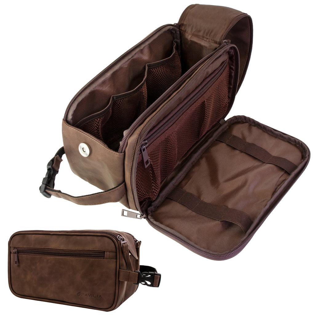 Vetell Classic Leather Travel Toiletry Bag and Dopp Kit with 2 Compartments
