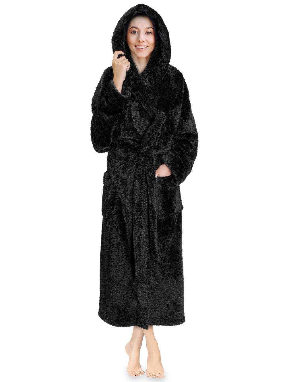 VEKDONE Women's Fuzzy Fleece Hooded Bathrobe - Sherpa-Lined Spa Robe  Dressing Gown Plus Size