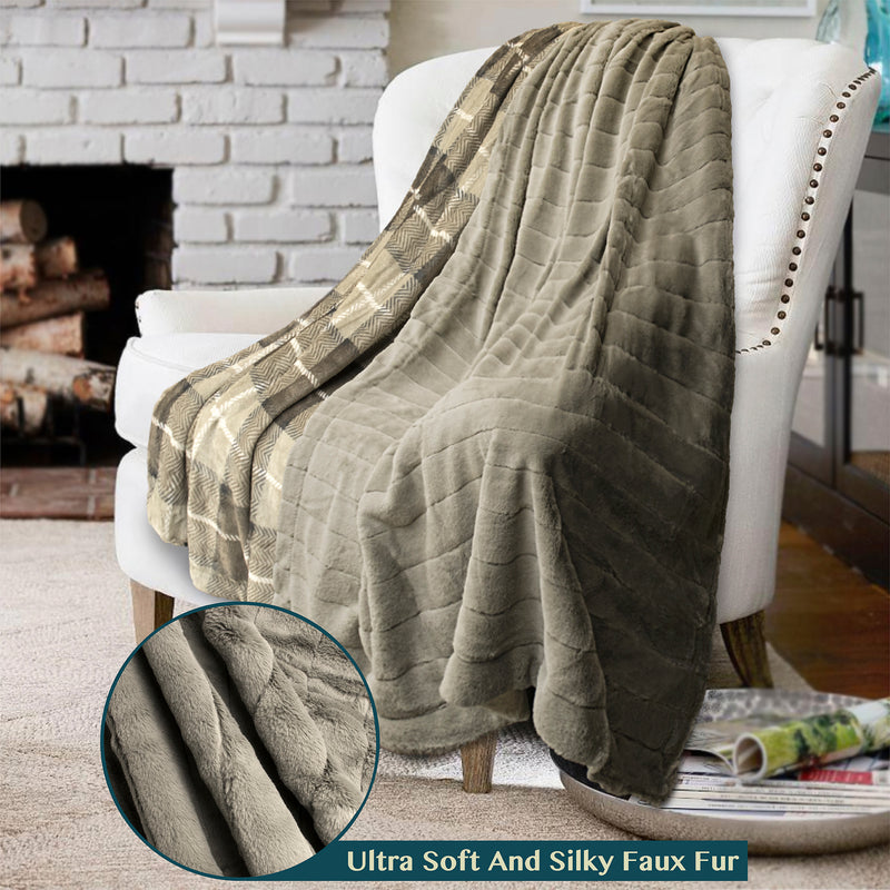 Plaid Fleece Faux Fur Throw Blanket