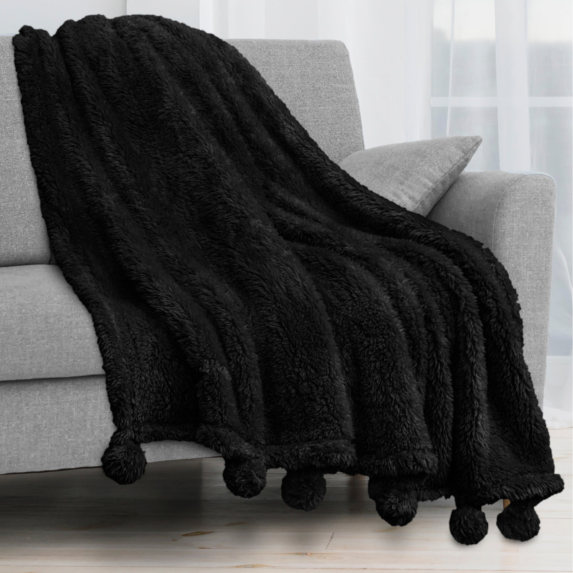 Pom Pom Fringe Sherpa Throw Blanket